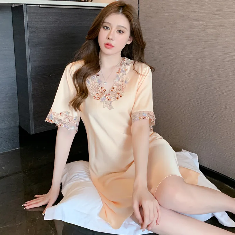 Женская кружевная ночная рубашка Летняя шелковая из вискозы