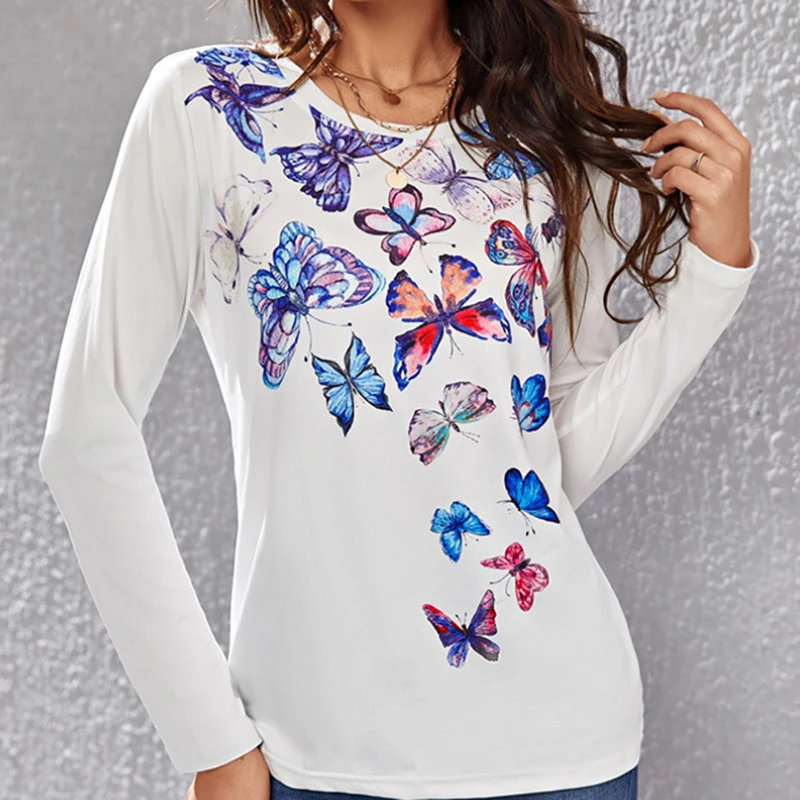 2022 Fall Women Butterfly T-shirts Female New Spring Autumn Long Sleeve White Tees Lady Casual O-Neck Tops Clothes Blusas Mujer