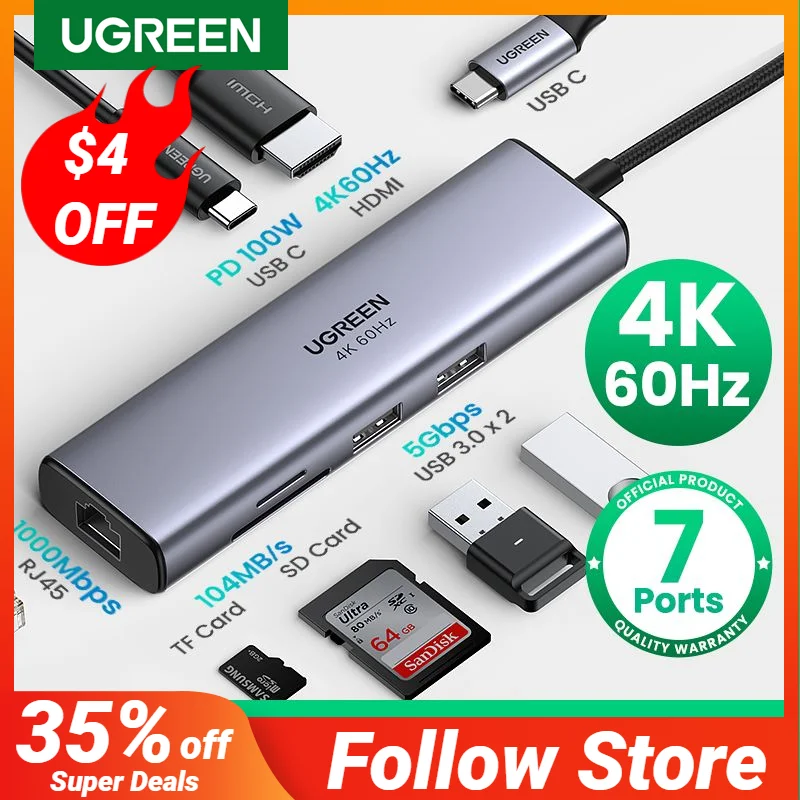 UGREEN USB C HUB 4K 60Hz Type C to HDMI 2.0 RJ45 PD 100W Adapter For Macbook Air Pro iPad Pro M2 M1 PC Accessories USB 3.0 HUB