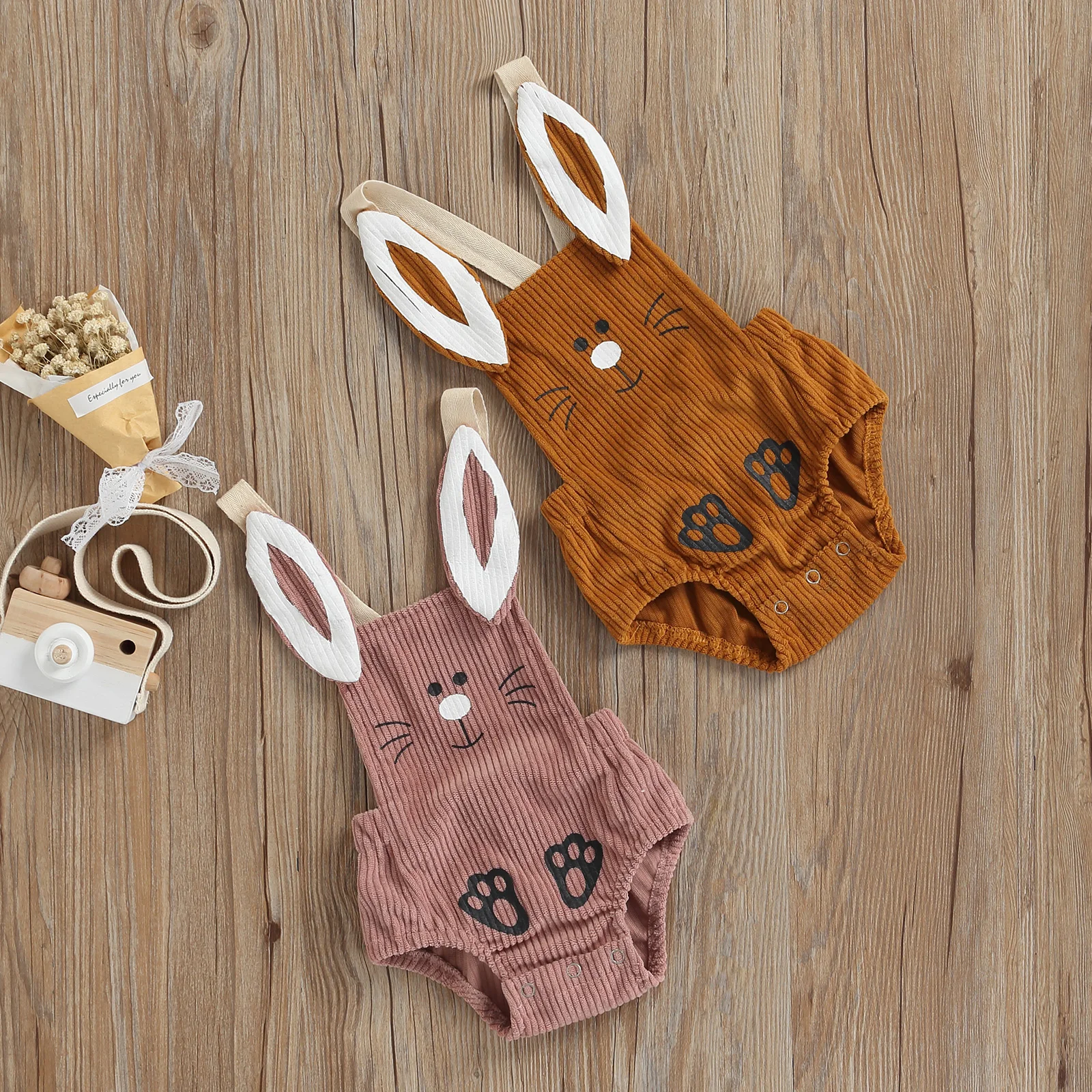 

Toddler Baby Girl Boy Clothing Backless Summer Cotton Jumpsuit Sleeveless Easter Cartoon Rabbit Button Closure Corduroy Bodysuit