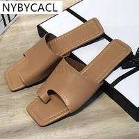 woman slippers clip toe flat solid square head casual females sandals sewing pu 2022 new comfortable summer size 36 43 pu