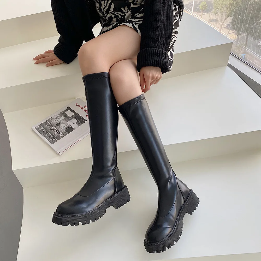 Knight Boots  Women  PU Back Zipper Increase Thick Bottom Waterproof and Nonslip Round Solid Color