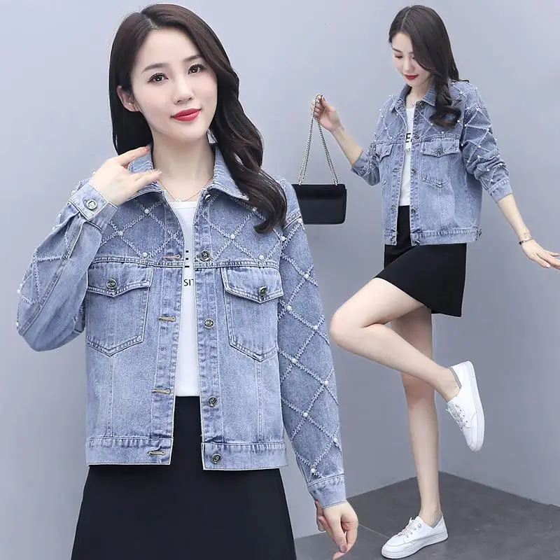 

2022 Spring And Autumn New Heavy Industry Denim Jacket Women's Loose Beaded Small Casual Korean Versatile Jacket