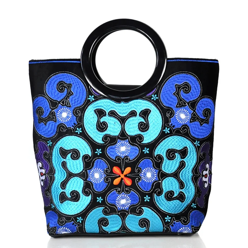 Original Personalized Embroidered Handbag Women's Street Retro PU Cotton Embroidery Pattern Stitching Bags Wholesale