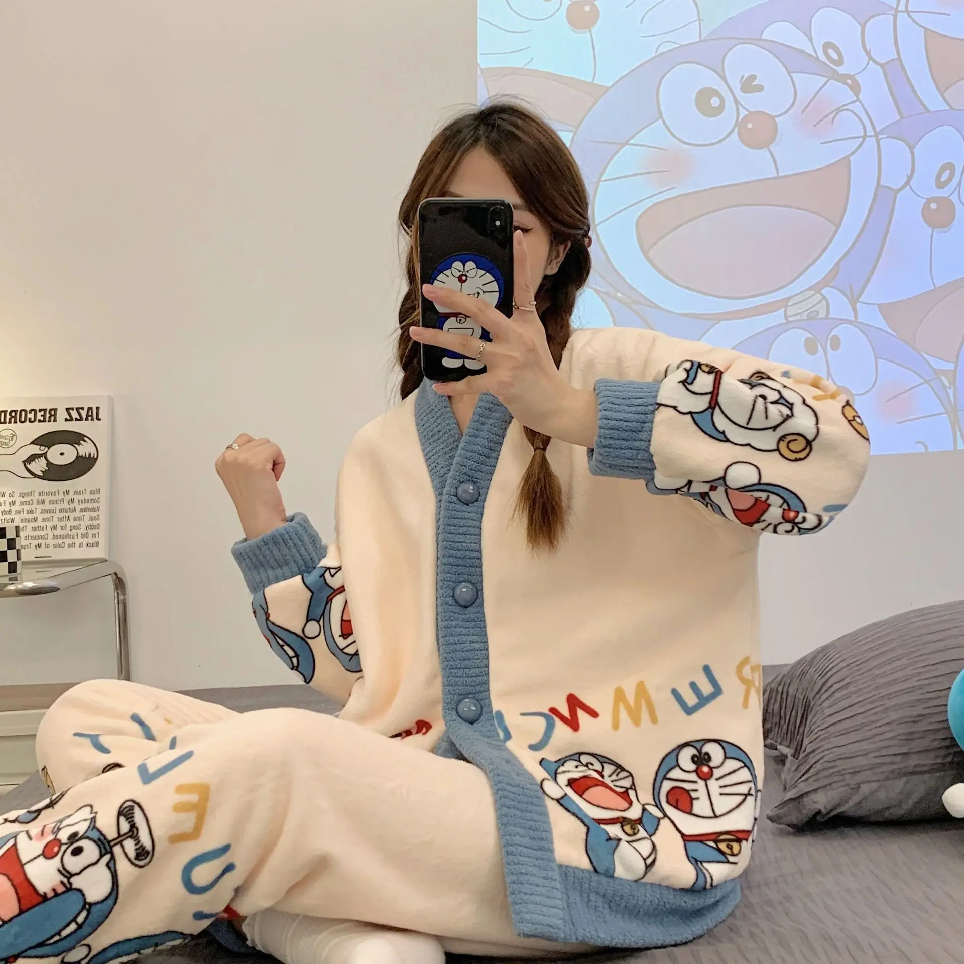 Women Winter Home Warm Thicken Flannel V-Neck Cardigan Cute Cartoon Pyjamas Suit Thick Coral Fleece Top Pants Soft Sleepwear Set