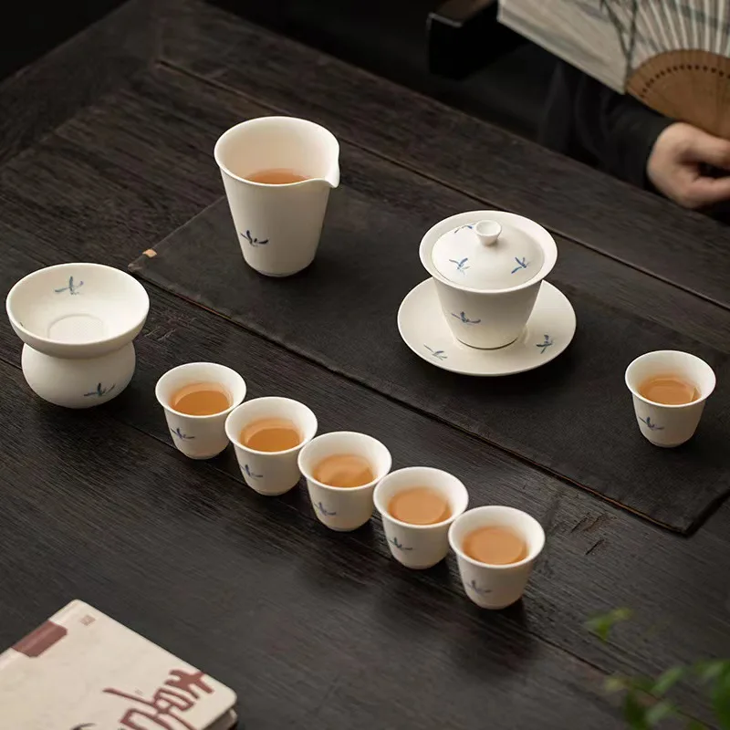 

Ручной керамический чайный набор ручной работы, белый нефритовый белый фарфоровый семейный чайный сервиз, китайский чайный сервиз, чайный сервиз Gaiwan