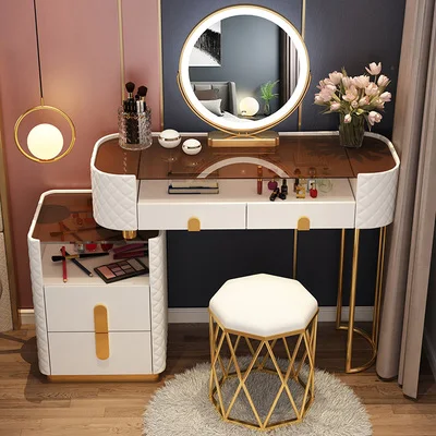 

Light Luxury Italian Dressing Table Storage Cabinet Integrated Makeup Table Glass Simple Vanity Table with LED Miirror Drawers