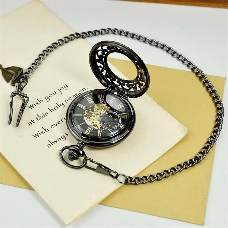 Luxury Mechanical Black Gold Pocket Watch for Men Women Skeleton Dial Roman Numeral Dial Fob Chain Pendant Clock for Collection
