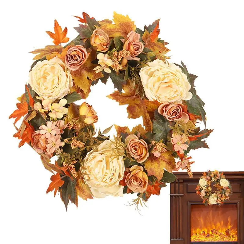 

Осенний венок для входной двери, искусственный осенний венок, украшение, 15,75 дюйма, цветочный венок с Maples, листья, пион, венок для сбора урожая