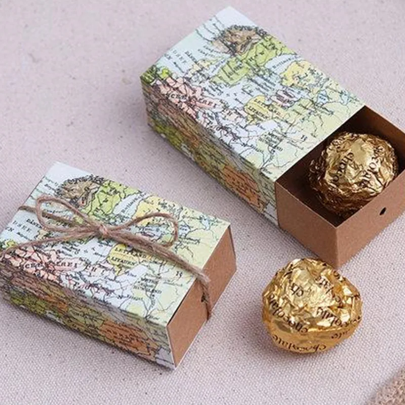 

Novelty World Map Gift Box for Christmas Decorations Kraft Paper Candy Boxes for Guests Wedding Favors Gift Packaging Bag 60pcs