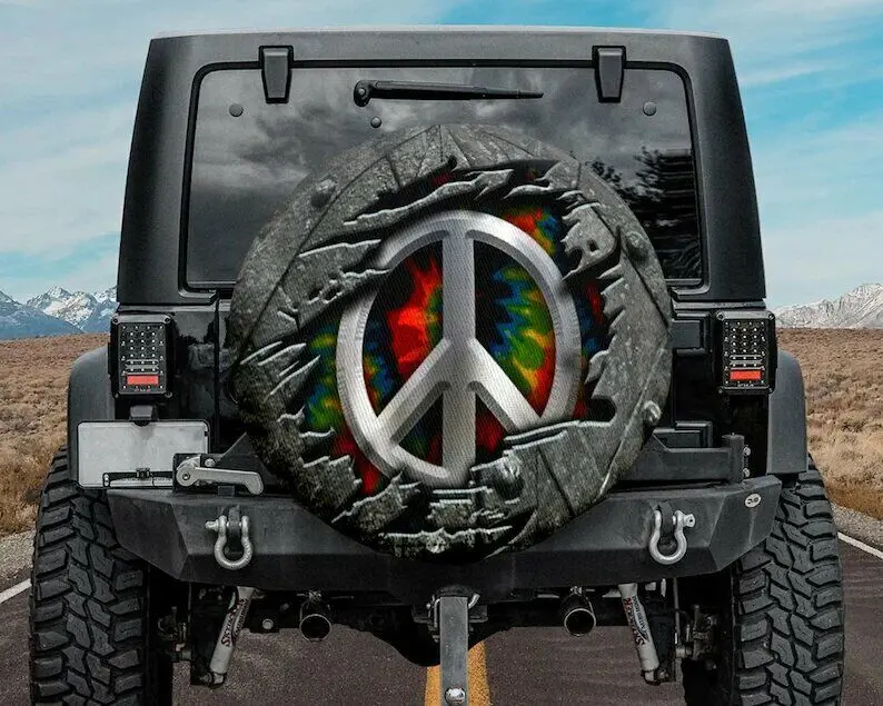

Hippie Love Peace Spare Tire Cover Crack Hippie Car Accessories Camping Gift Made With Your Size Soft Spare Wheel Tire Cover