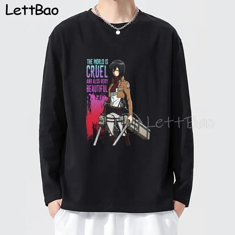 

Attack on Titan Mikasa The World Is Cruel Japanese Anime T Shirt Men Kawaii Cartoon Funny Graphic T-shirt Fashion Ullzang Tshirt