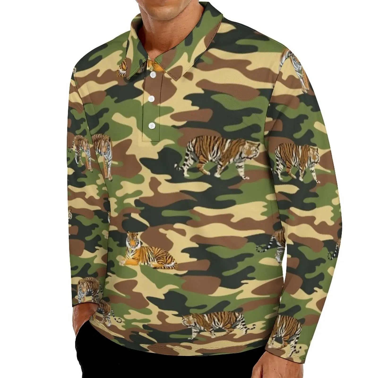 

Футболка-поло с длинным рукавом, с принтом тигра