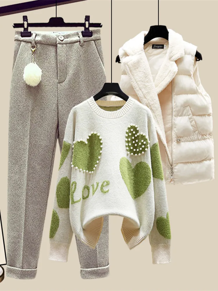 

New Winter Warm Korean Fashion 3 Piece Set Women Heart-shaped Beaded Sweater +Lamb Wool Vest +Pants Suits Women's Tracksuit
