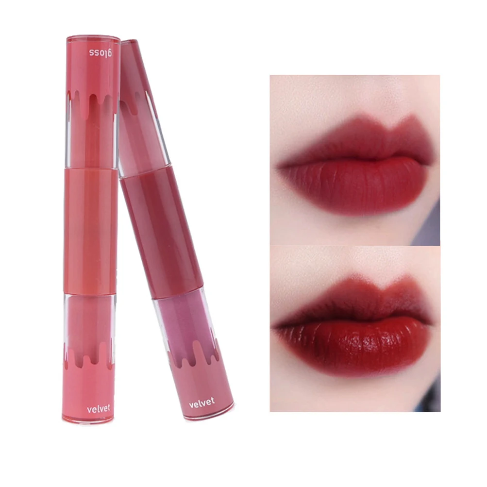 

New Creamy Double-headed Non-stick Cup Lip Gloss Private Label Long Lasting Matte Mist Velvet Lip Glaze 2-in-1 Liquid Lipstick