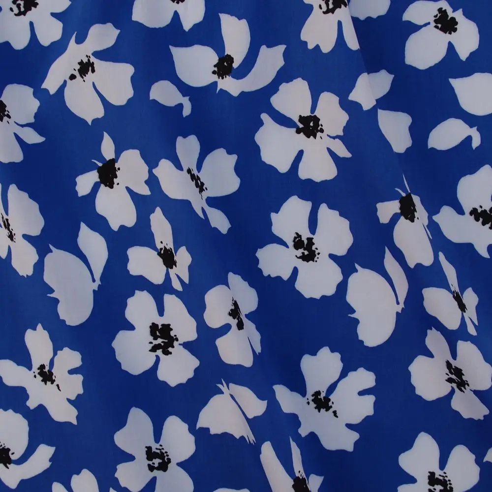 

1 Yard Cotton Sateen Fabric For Cloth, Bag, Bedding, White flower on blue background, Width=140cm