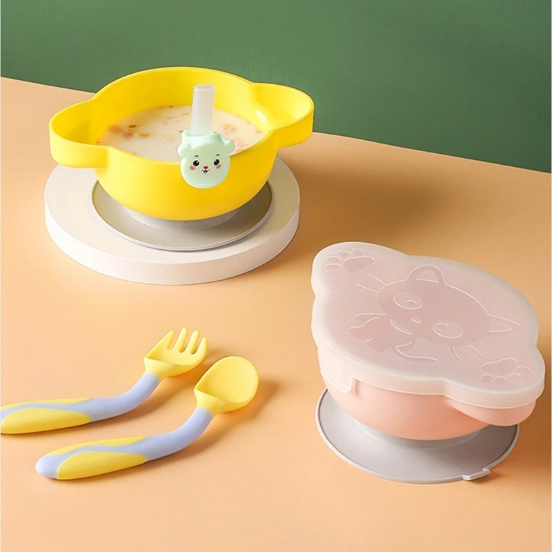 

Baby Dinner Plate Sucker Bowl with Straw Spoon Fork Set Anti Slip Suction Dishes Training Feeding Tableware for Toddler Infant G