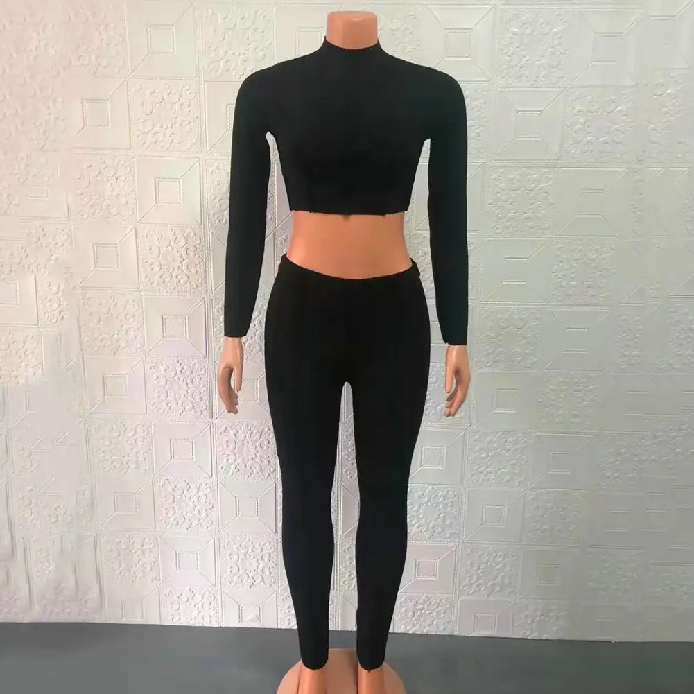 

2 шт./компл. стильный женский спортивный костюм, повседневный укороченный топ с воротником-стойкой и брюки, осенний спортивный костюм с открытой талией