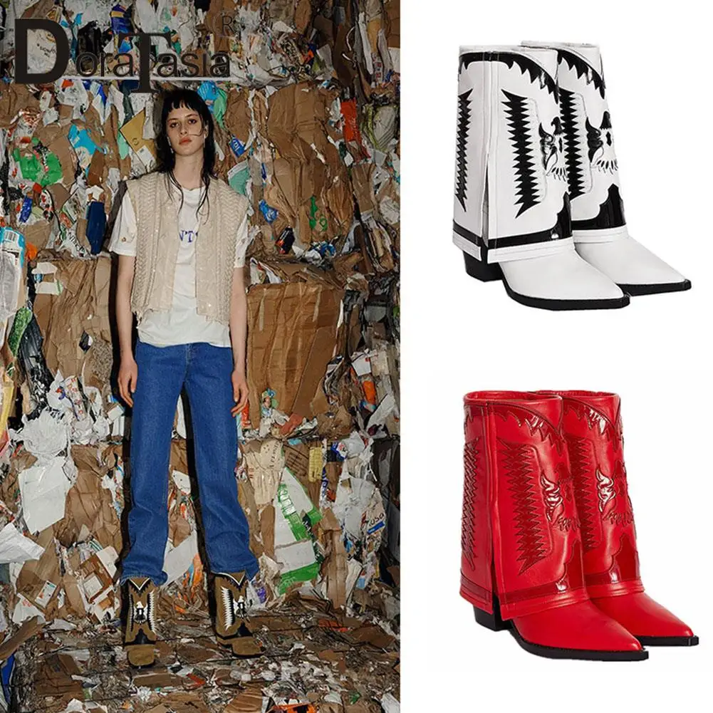 Brand New Ladies Pointed Toe Western Boots Fashion Embroider Mixed Colors Chunky Heels women's Boots Party Cowgirl Shoes Woman