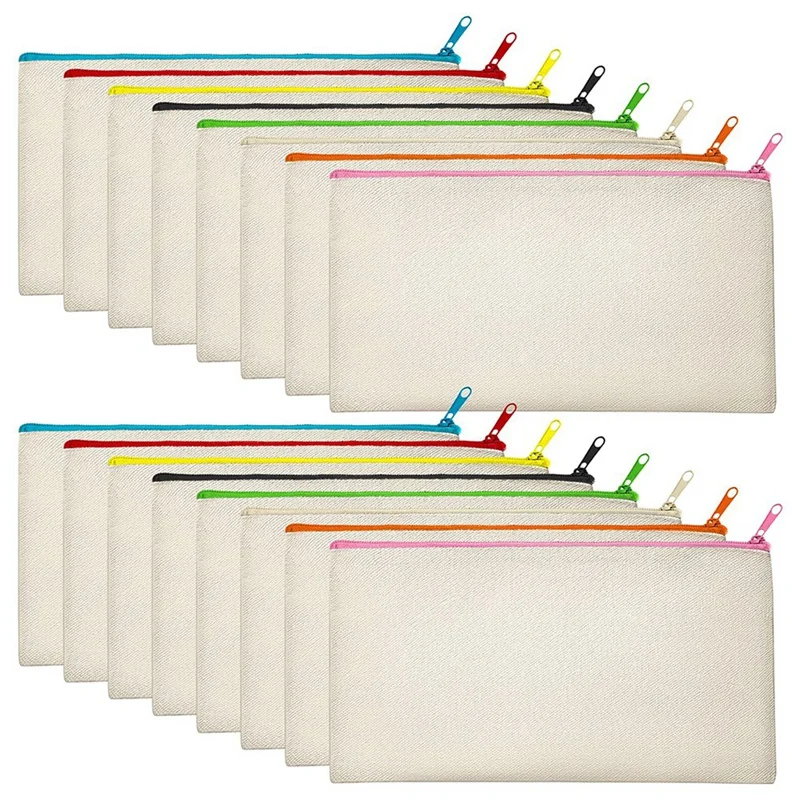 

16 Pack 8 Color Blank Canvas with Zipper, DIY Craft Pencil Bag, Multifunction Travel Cosmetic Bag