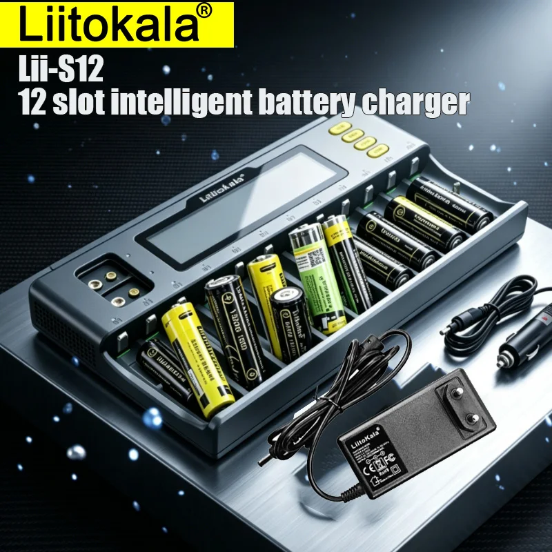 Фото Зарядное устройство LiitoKala Lii-S12 на 12 слотов с ЖК-дисплеем для Li-ion, LiFePO4, Ni-MH, Ni-Cd, 9V, 21700, 20700, 26650, 18650, 16340, 18350, RCR123, 18700 №1