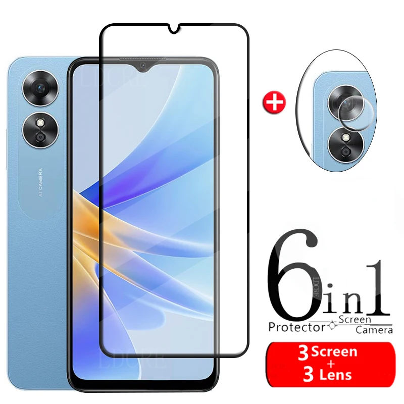 

6-in-1 For OPPO A17 Glass For OPPO A17 Tempered Glass HD 9H Full Cover Glue Screen Protector For OPPO A 17 A17 Lens Glass 6.56"