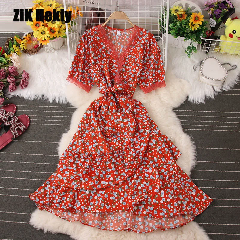 

Zik Hekiy Women's Floral Skirt Fashion V-neck Lace-up Waist-Skimming Retro Floral Lace Patchwork Dress Women