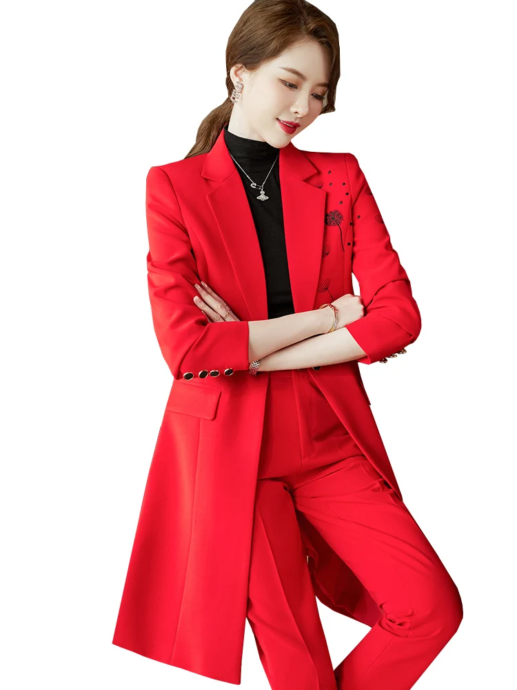 Conjunto de Chaqueta larga y pantalón de oficina para mujer, traje de 2 piezas, color rojo y negro, para Otoño e Invierno