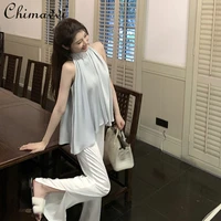blue sweet halter off the shoulder satin bow lace up sleeveless top womens 2022 summer fashion elegant solid color blusas top