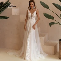 sexy tulle mermaid wedding dress for women simple lace appliques beading v neck open back detachable sweep train bridal gown