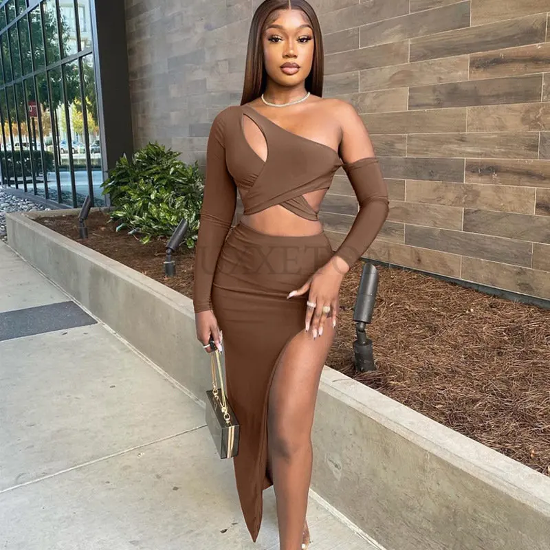 

Long Sleeve Hollow Out Lace Up Irregular Crop Top Side Slit Midi Skirt Set Streetwear Women 2 Pieces Outfit Party