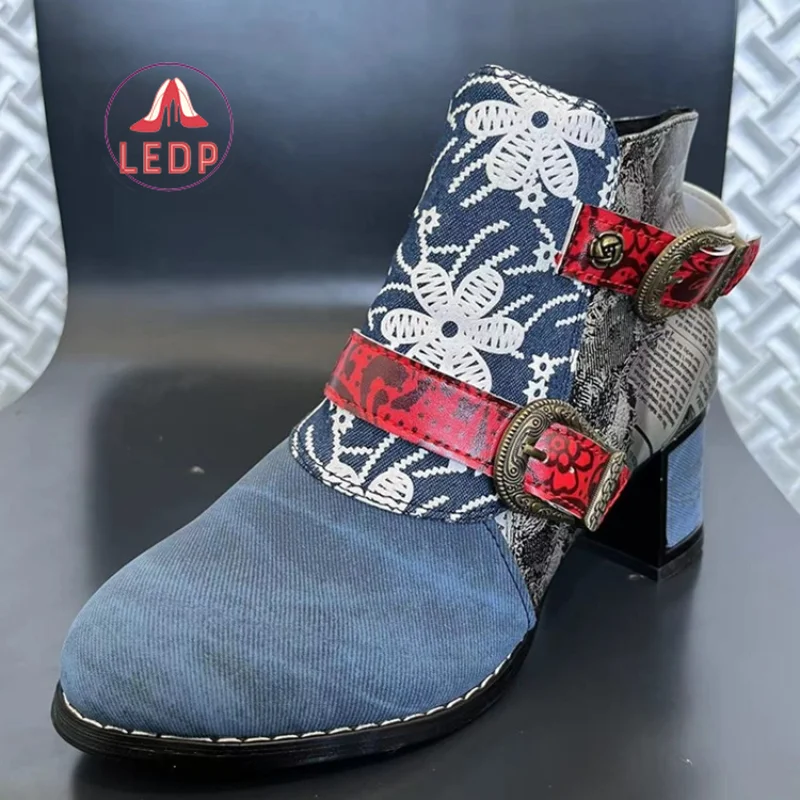 

2022New Ladies Boots Stitching Fabric Low Boots Thick Heel Women Fashion Short Boots Ethnic Print Ladies Winter Casual Shoes