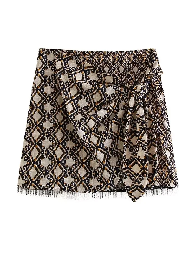

Юбка-трапеция женская с завышенной талией, винтажная Асимметричная льняная мини-юбка с принтом, с завязкой на боку, с кисточками