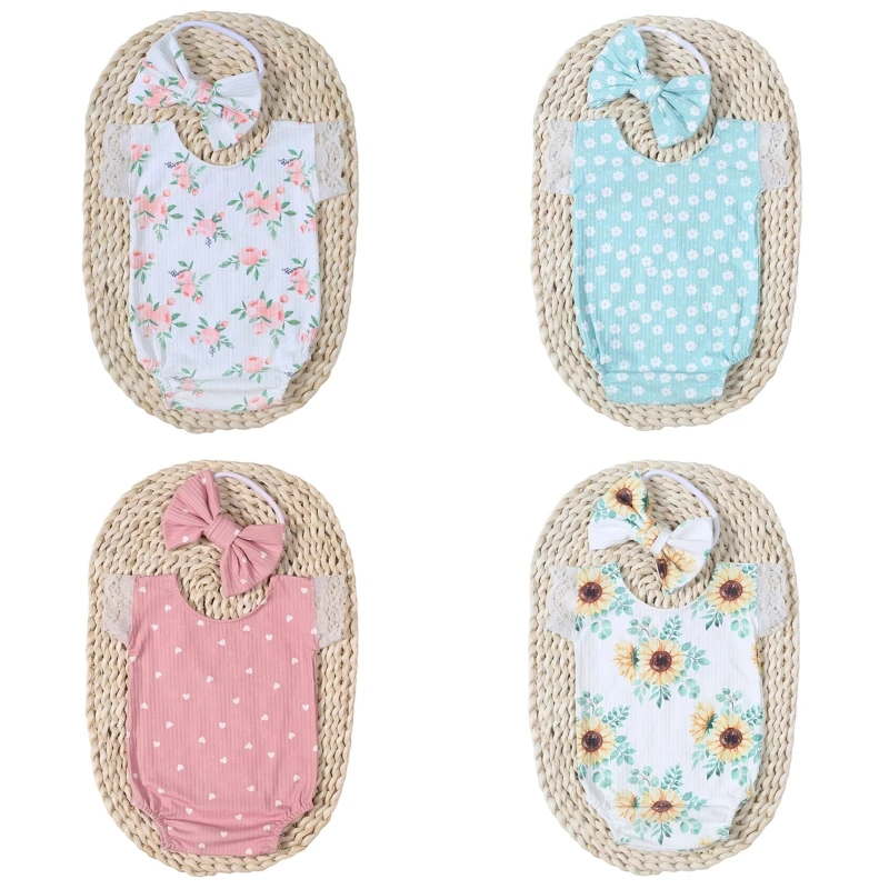 

Newborn Photo Taking Suit Flower Printed Photography Romper Lace Sleeve Jumpsuit w/ Bow Headband Baby Photo Props 2PCS