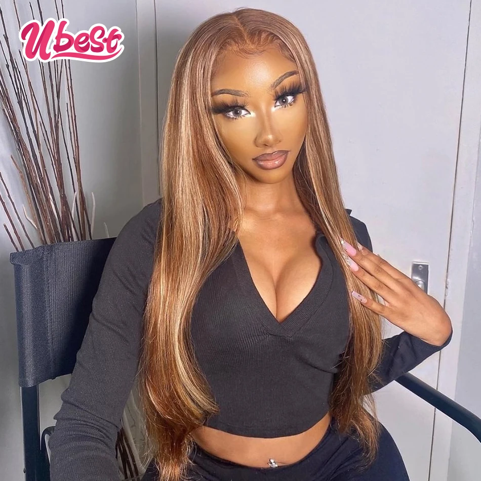 13x6 Highlights Straight Lace Front Wig Human Hair 30Inch Lace Front Wig Pre Plucked Honey Blonde Straight Frontal Wig For Women