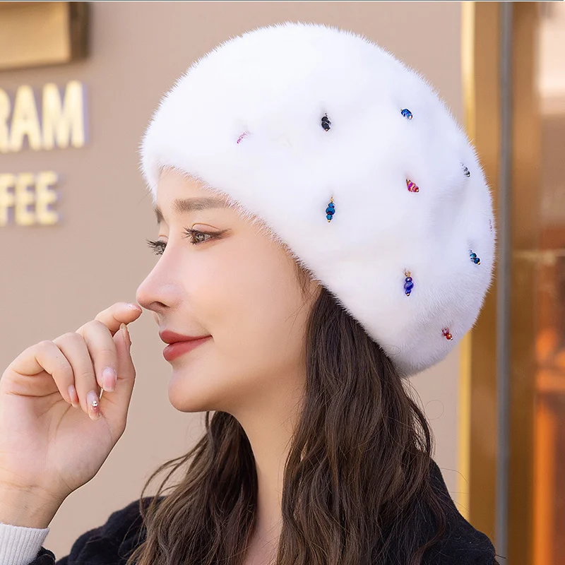2022 Fashion New Women's Beret Cute Pearl Beanie Hat Autumn And Winter Solid Color Thickened Soft Warm Outdoor Hat Ladies