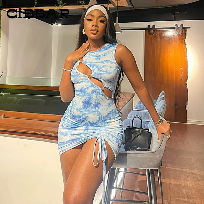 

CIBBAR Tie Dye Shirring Mini Dress Asymmetrical Bodycon Sexy Hollow Out Clothing Harajuku Aesthetic Elegant Dresses Partywear