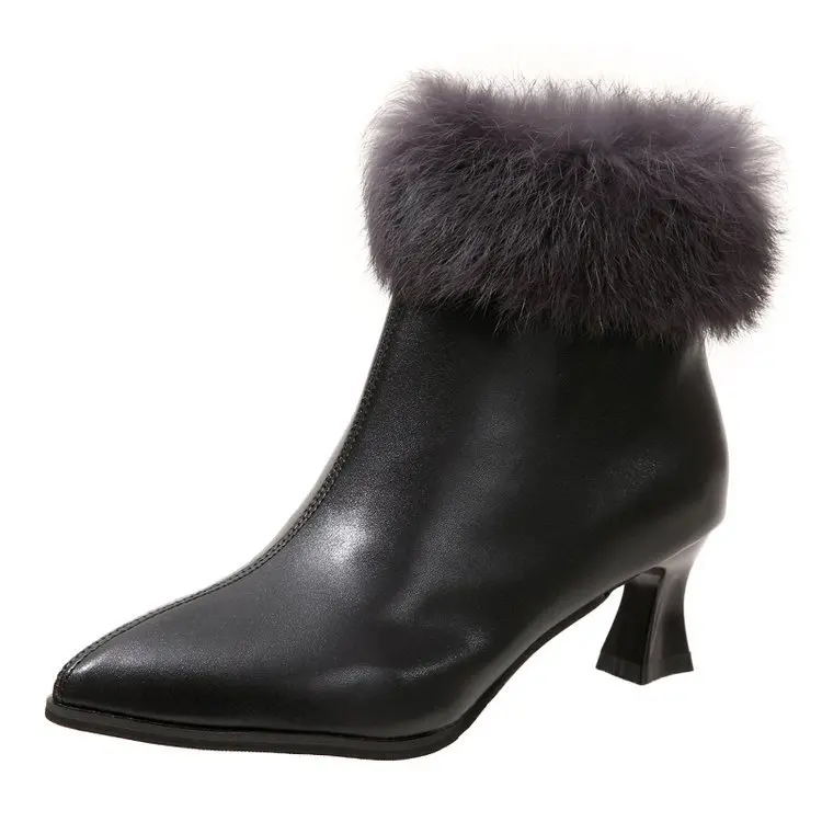 Elegant Woman Boots Shoes Plush Zipper Boots-Women Luxury Designer Winter Footwear Padded Fur Rubber Mid Calf Pointy 2023
