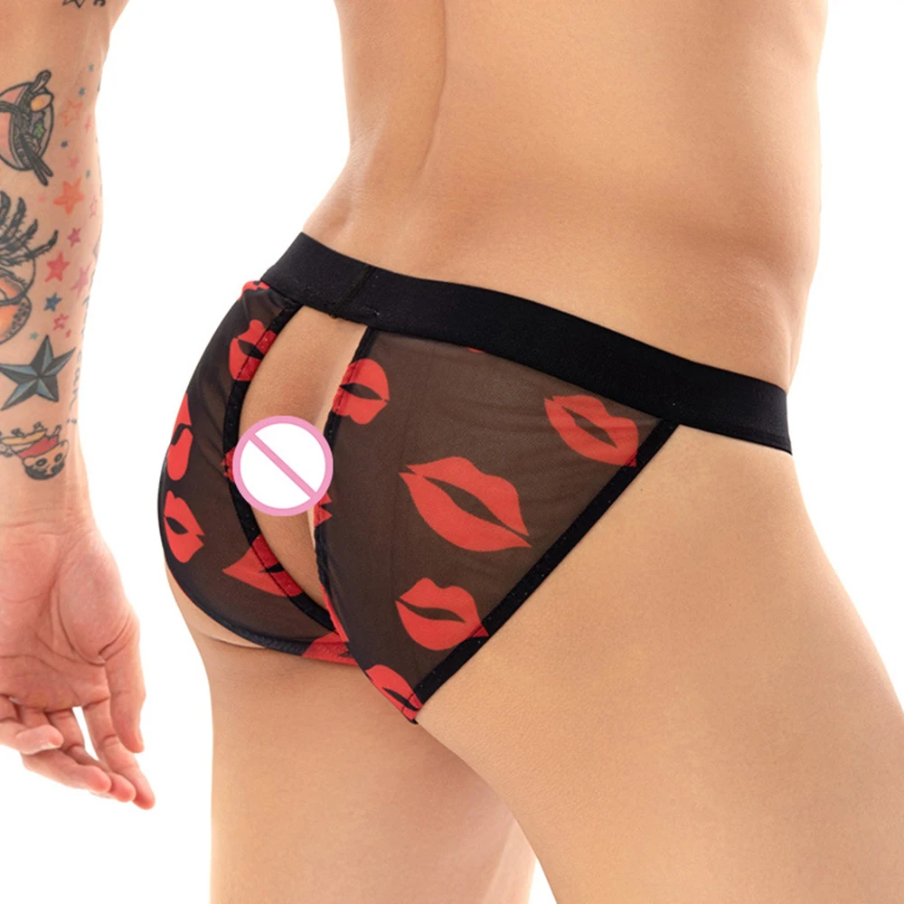 Мужские трусы брифы с открытой спиной черные сетчатые прозрачные бикини принтом