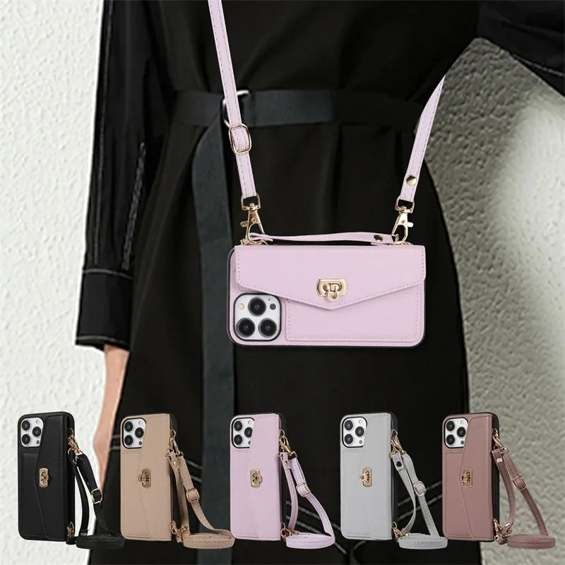 

Fashion Lychee Pattern Card Bag With Lanyard Girl Phone Cover Case For Iphone 14 13 12 11 Pro Max Luxury Pu Leather Coque Fundas