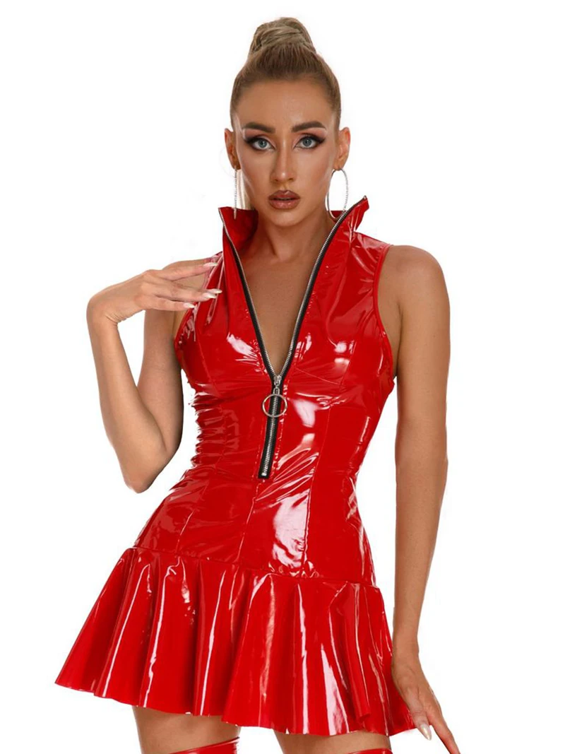 

Women Patent Leather Ruffle Dress Fashion Wetlook Zipper Stand Collar Sleeveless Mini Dresses Party Clubwear Pole Dance Costume