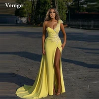 verngo elegant yellow stretch satin prom dresses with detachable overskirt one shoulder applique side slit long evening gowns