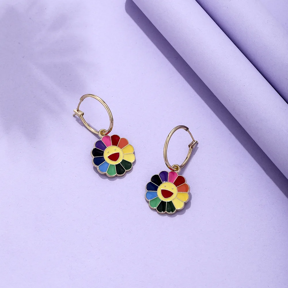 

Round Happy Face Flower Oil Dropping Cute Cartoon Daisy Dangle Earrings Metal Hoops Earrings Geometric Colorful Jewelry