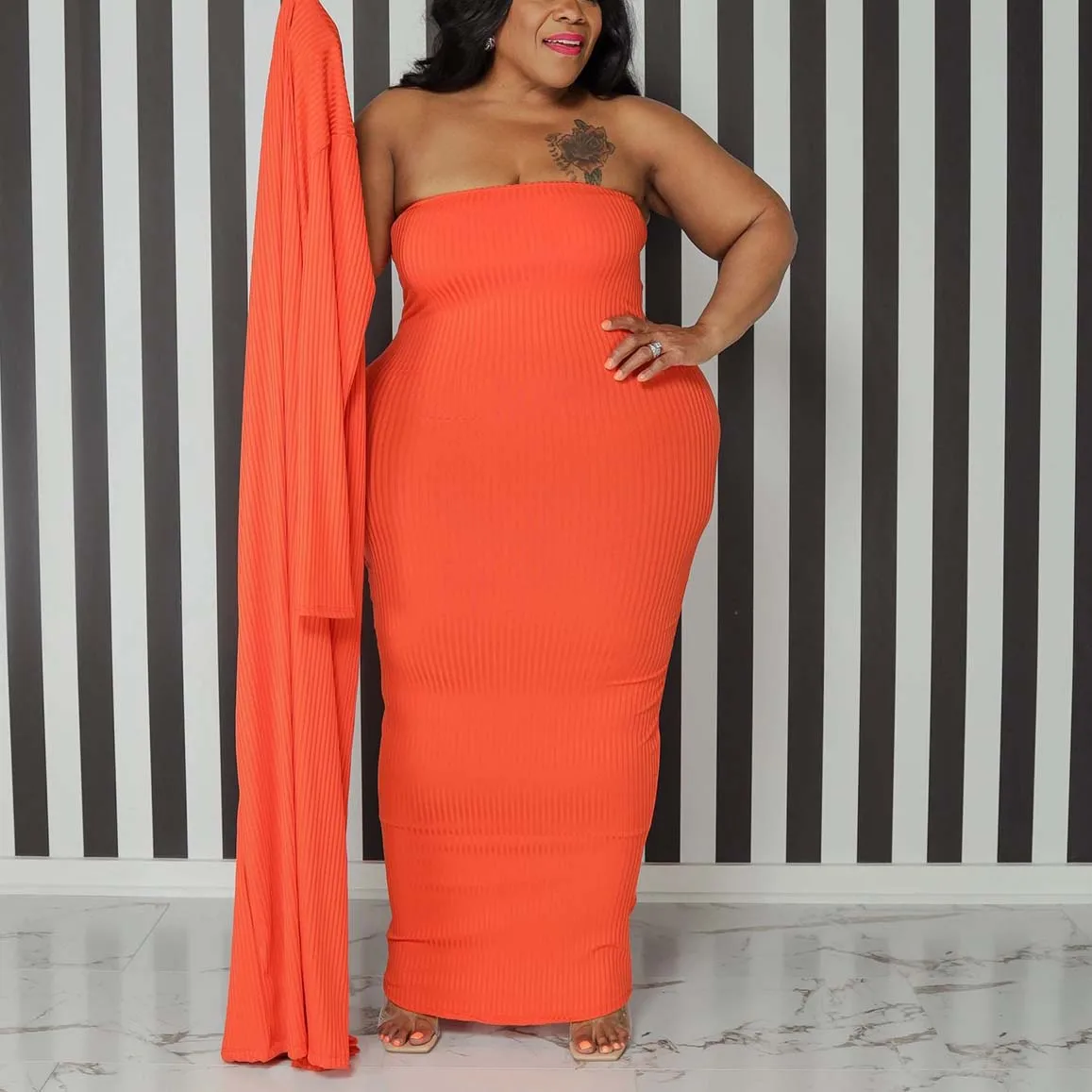 Plus Size Two Pieces Sets Outwears & Long Dress Bodycon Strapless High Waisted Ankle Length Elegant Evening Party Long Cloth Set