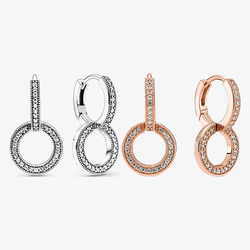 

Authentic S925 Sterling Silver Sparkle Set Cz Double Ring Earrings Women's Fashion Silver Earrings Jewelry Gifts