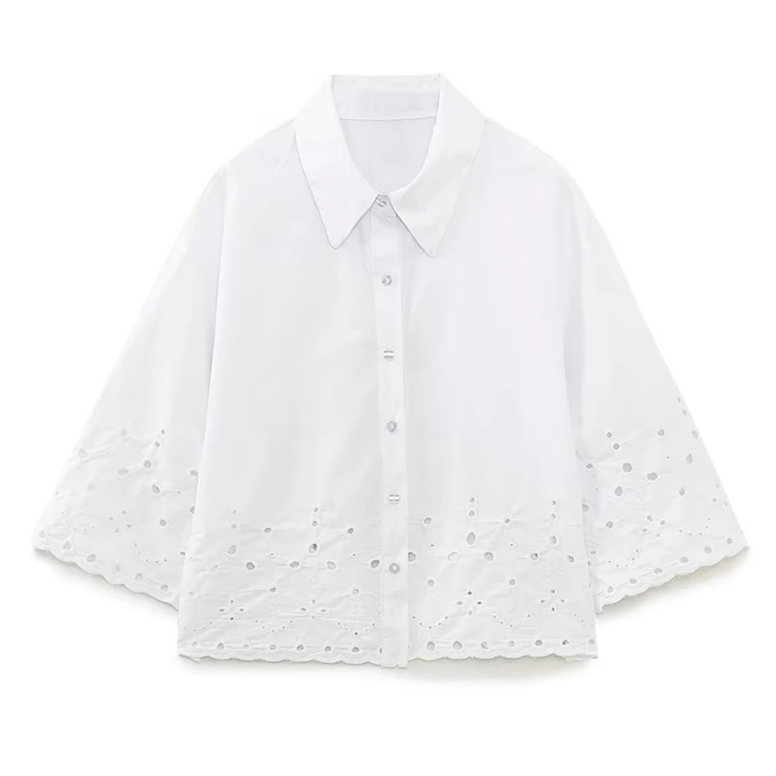 Withered Indie Folk Embroidery Hollow Out Short Shirt Fashion White Cotton Blouse Women Tops