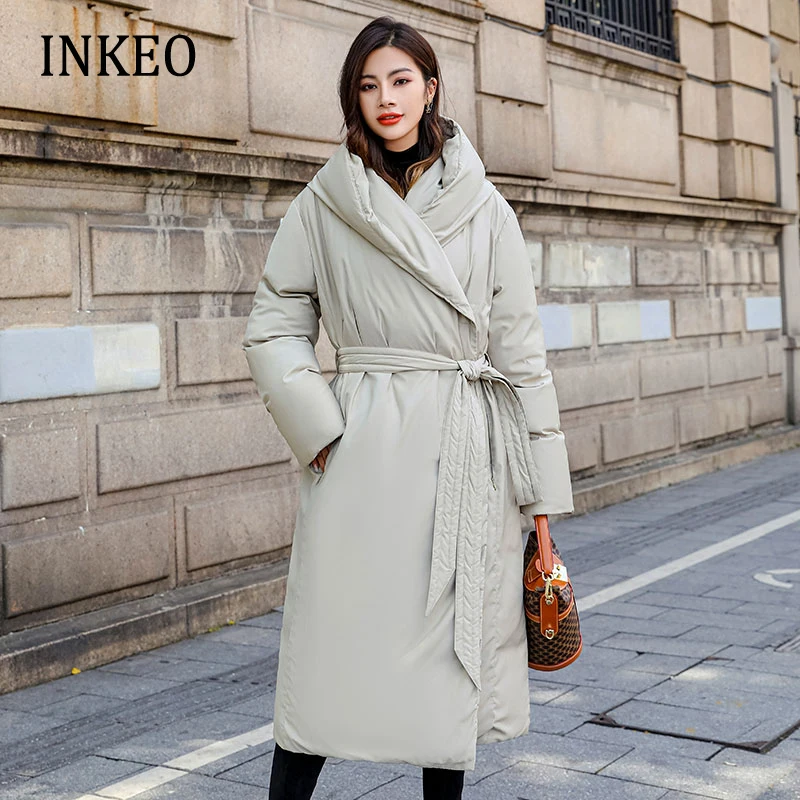 

2022 Winter Hooded Knee length down jacket Women Long Parkas Vintage Casual High quality Warm Long puffer coat New INKEO 2O179