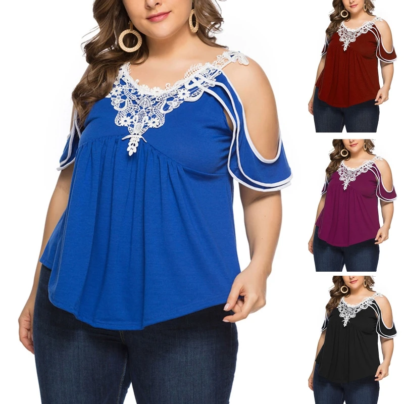 

Women Contrast Lace Short Sleeve Shirt Cold Shoulder V-Neck Pleated Tunic Tops
