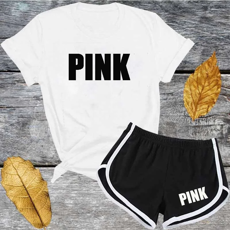 Cute Pink Letter Tracksuit Set Women Short Sleeve T Shirt And Shorts Summer Woman Fashion Casual 2 Piece Suits