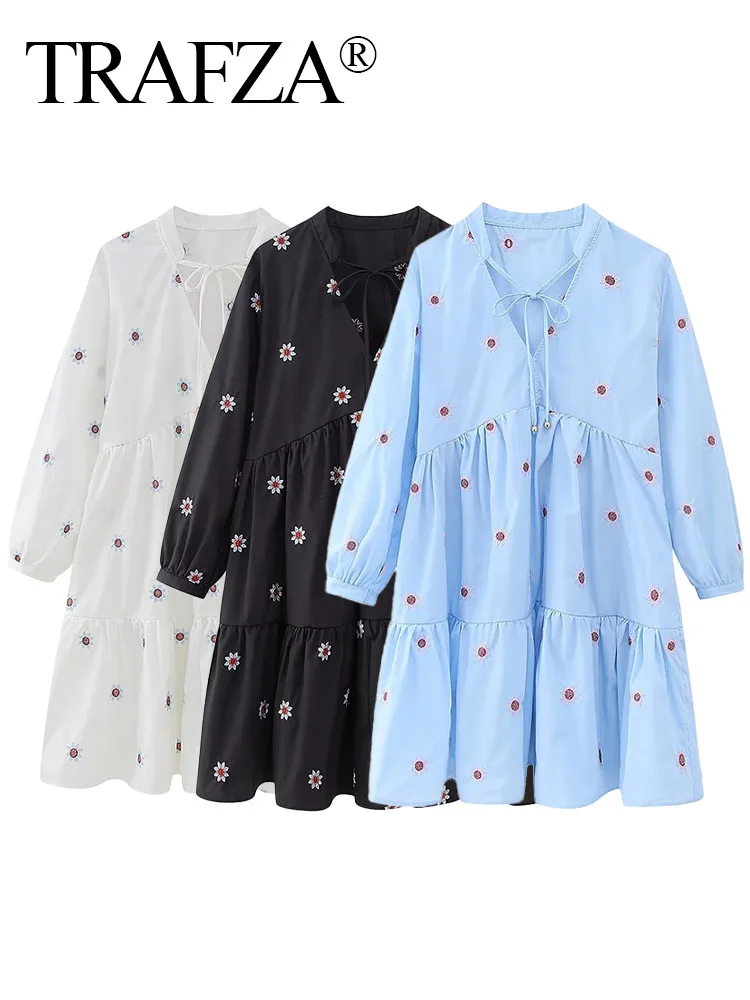 

TRAFZA 2023 Summer Women's Chic Dresses Solid V-Neck Print Embroidery Decorate Long Sleeve Lace-Up Female Casual Loose Dresses